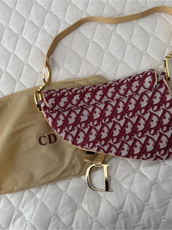 Dior Handbags - Dior Burgundy and White Saddle Bag with Gold Hardware